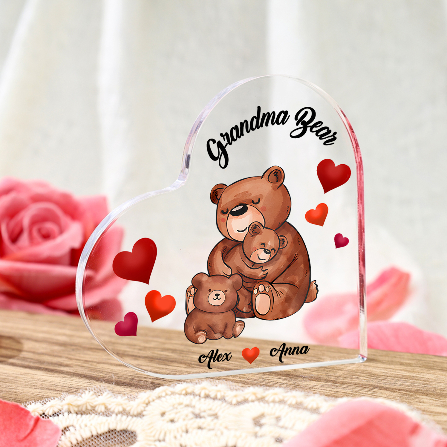 Personalised Bear Family Acrylic Heart Plaque Custom 1 Text & 1–6 Names Ornament Gifts for Grandma/Mother-Jessemade AU