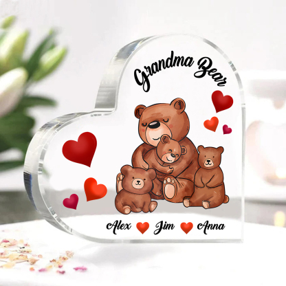 Personalised Bear Family Acrylic Heart Plaque Custom 1 Text & 1–6 Names Ornament Gifts for Grandma/Mother-Jessemade AU