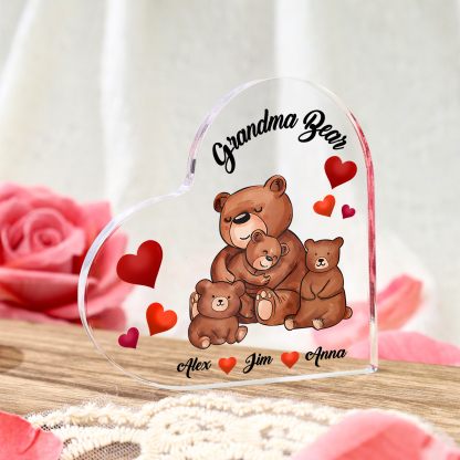 Personalised Bear Family Acrylic Heart Plaque Custom 1 Text & 1–6 Names Ornament Gifts for Grandma/Mother-Jessemade AU