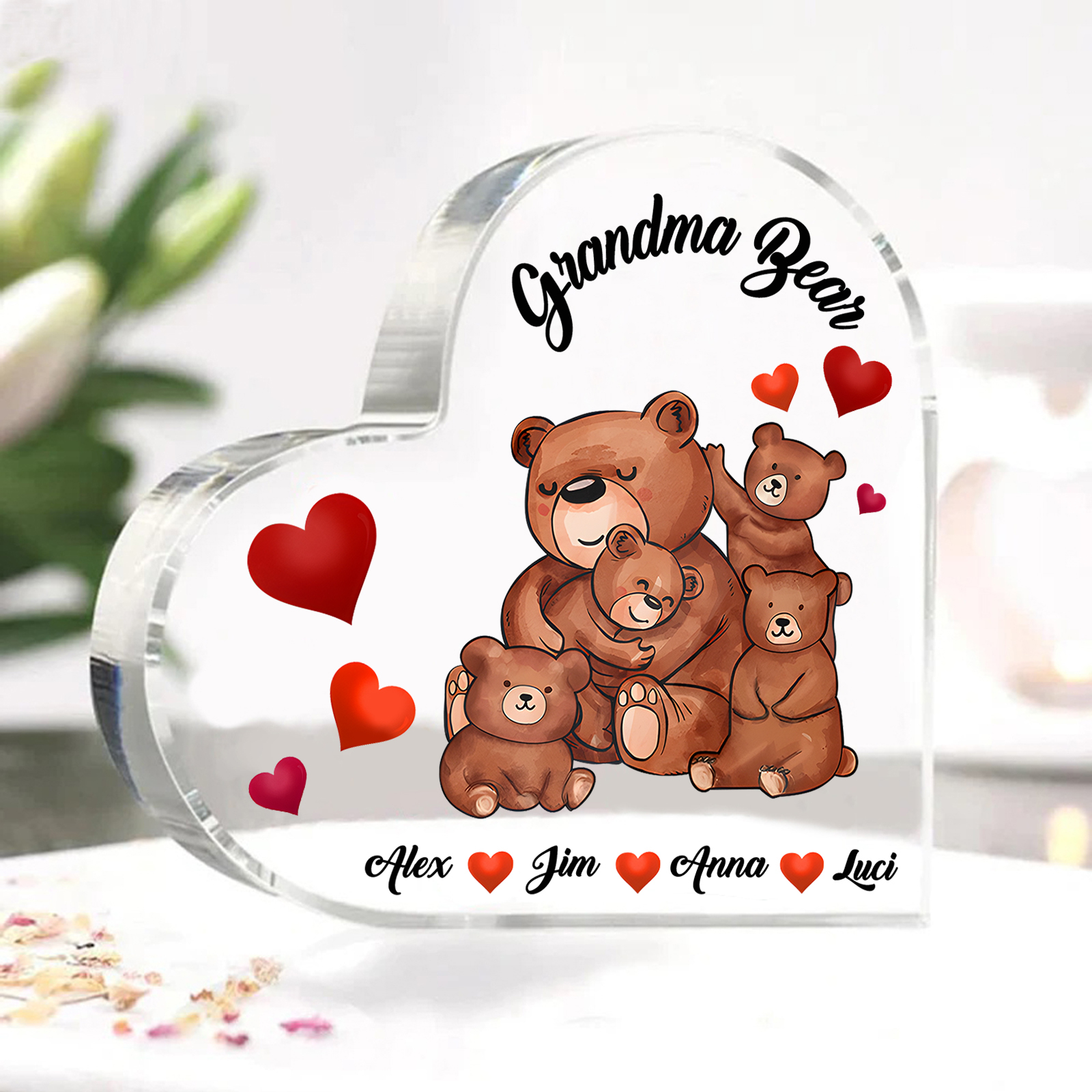 Personalised Bear Family Acrylic Heart Plaque Custom 1 Text & 1–6 Names Ornament Gifts for Grandma/Mother-Jessemade AU