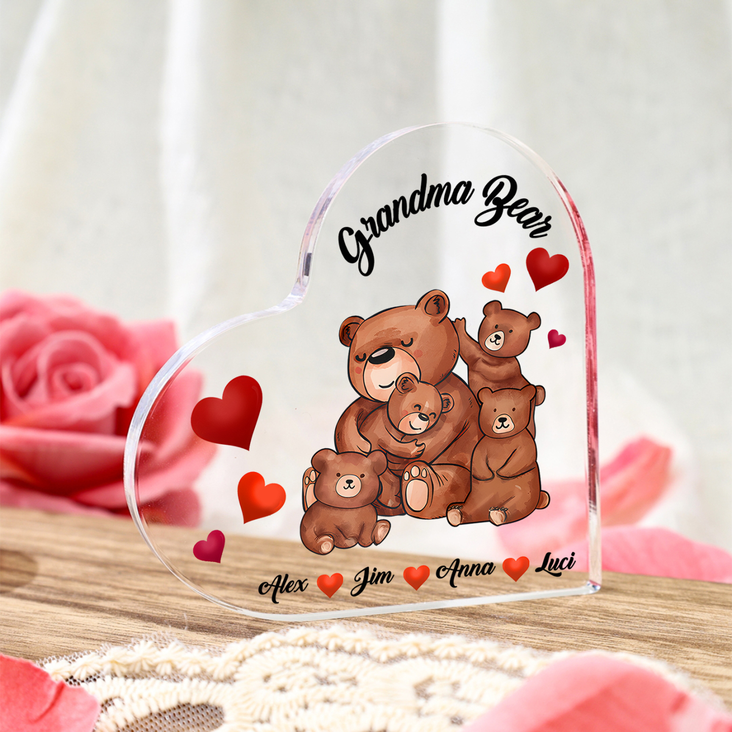Personalised Bear Family Acrylic Heart Plaque Custom 1 Text & 1–6 Names Ornament Gifts for Grandma/Mother-Jessemade AU