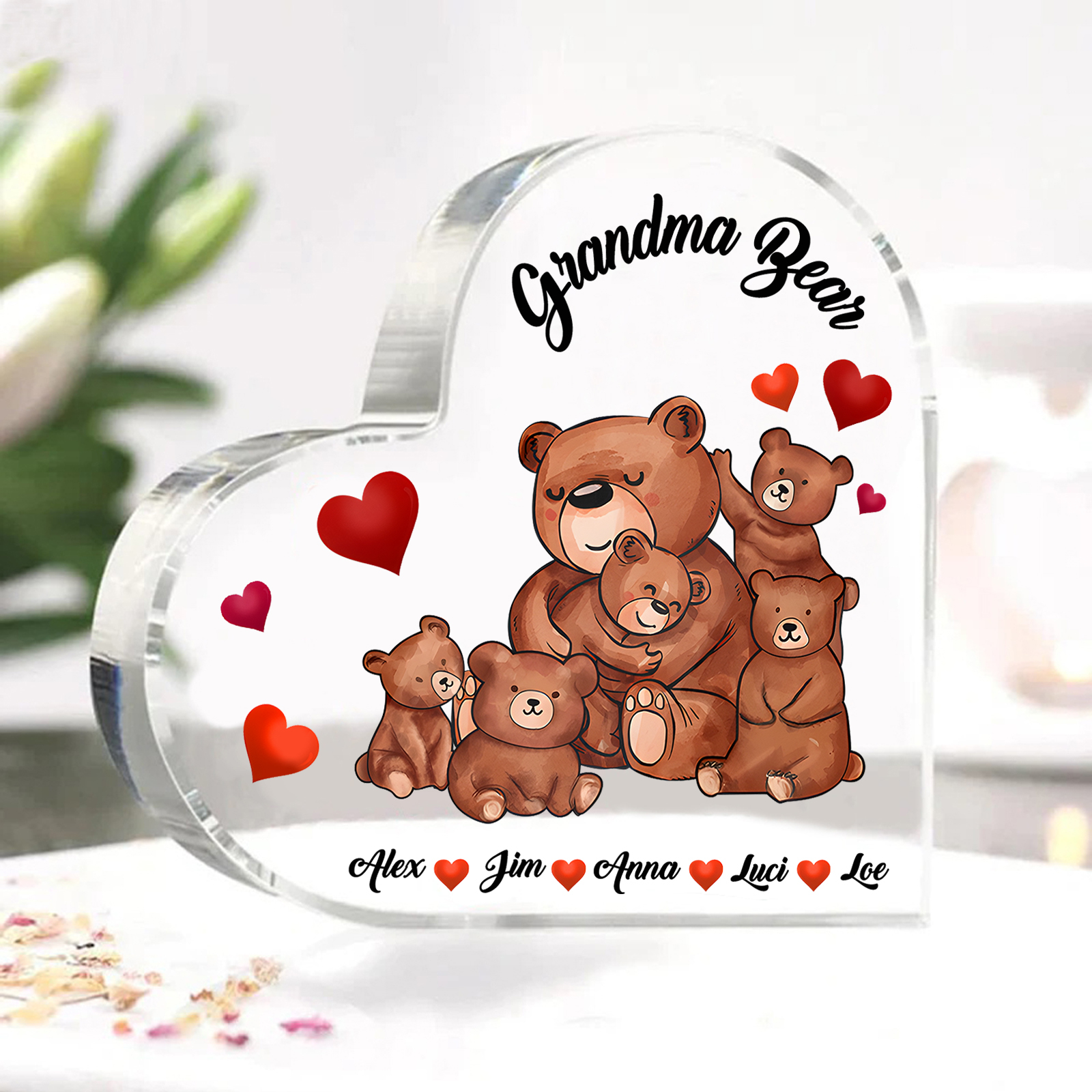 Personalised Bear Family Acrylic Heart Plaque Custom 1 Text & 1–6 Names Ornament Gifts for Grandma/Mother-Jessemade AU