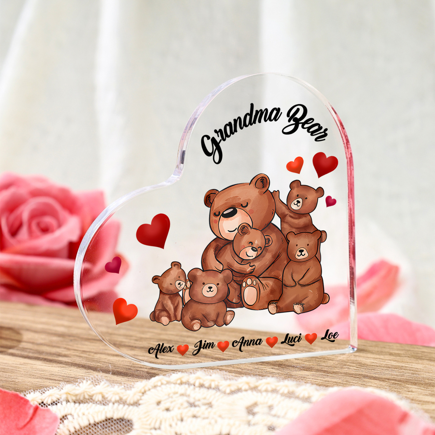 Personalised Bear Family Acrylic Heart Plaque Custom 1 Text & 1–6 Names Ornament Gifts for Grandma/Mother-Jessemade AU