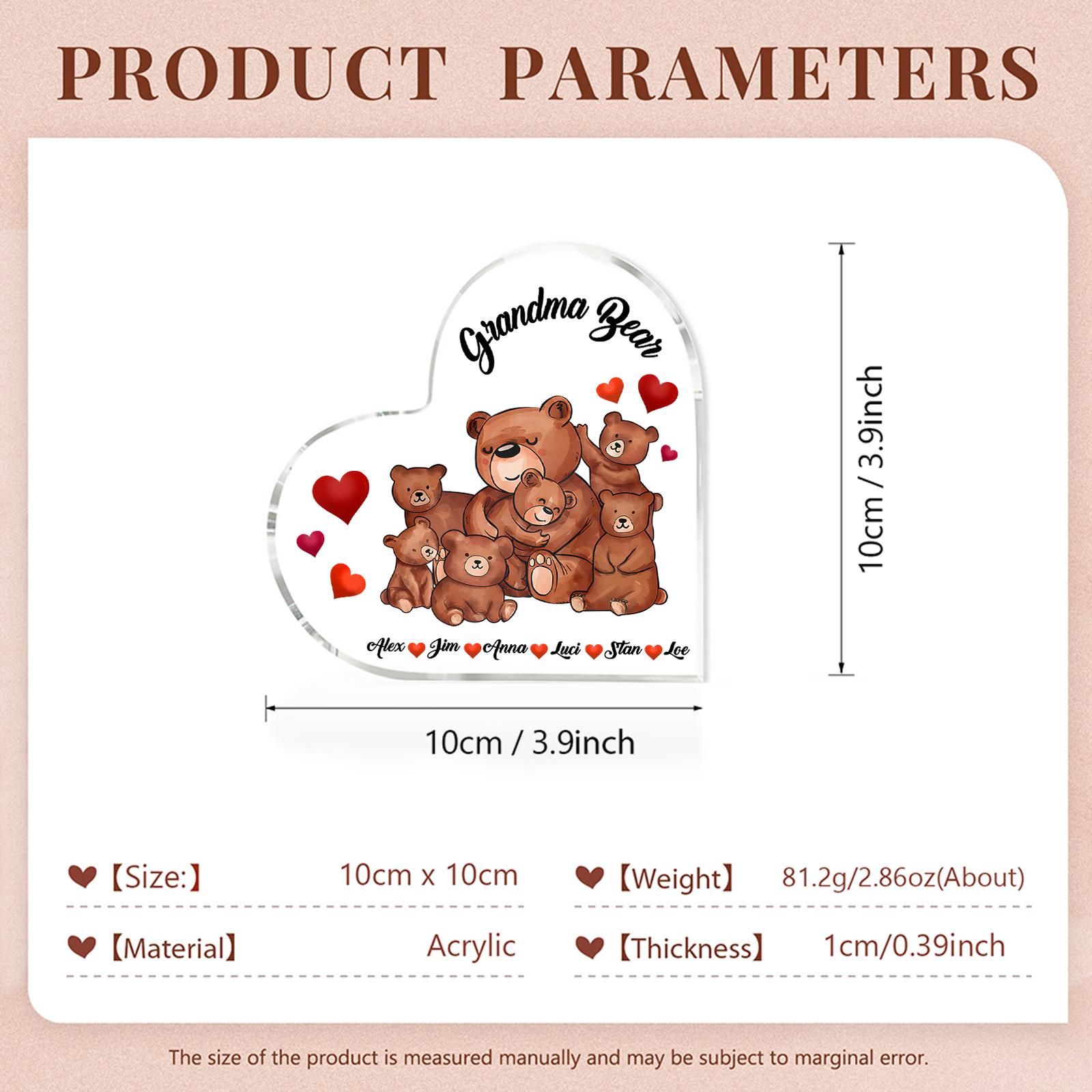 Personalised Bear Family Acrylic Heart Plaque Custom 1 Text & 1–6 Names Ornament Gifts for Grandma/Mother-Jessemade AU