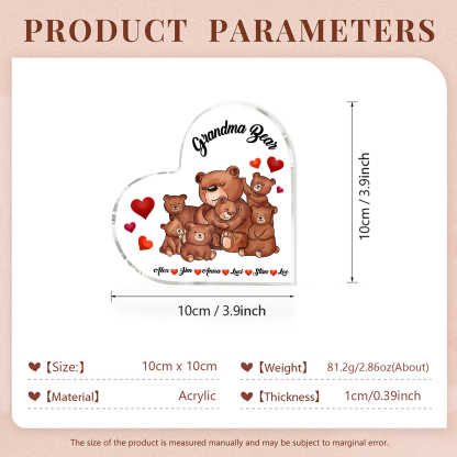 Personalised Bear Family Acrylic Heart Plaque Custom 1 Text & 1–6 Names Ornament Gifts for Grandma/Mother-Jessemade AU