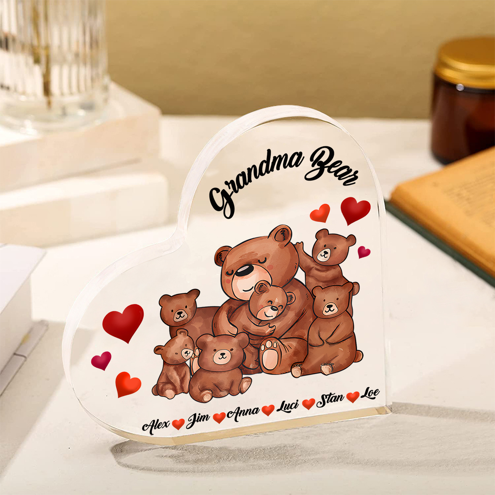 Personalised Bear Family Acrylic Heart Plaque Custom 1 Text & 1–6 Names Ornament Gifts for Grandma/Mother-Jessemade AU