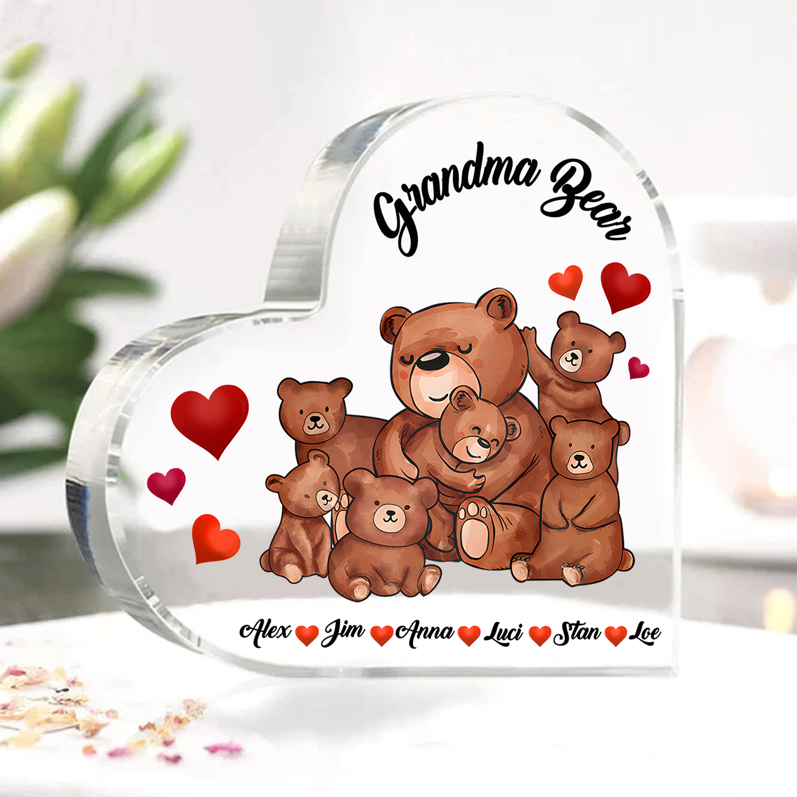 Personalised Bear Family Acrylic Heart Plaque Custom 1 Text & 1–6 Names Ornament Gifts for Grandma/Mother-Jessemade AU