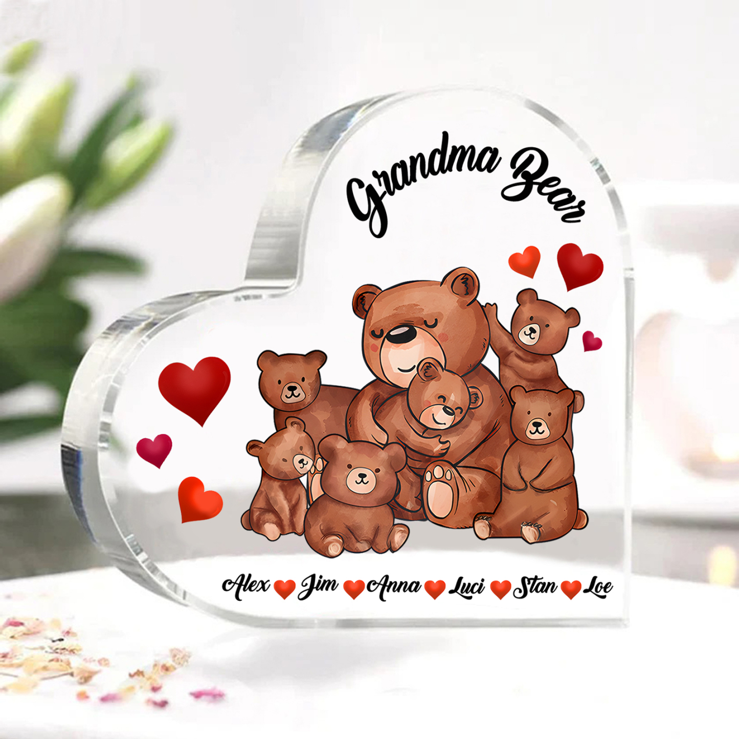 Personalised Bear Family Acrylic Heart Plaque Custom 1 Text & 1–6 Names Ornament Gifts for Grandma/Mother-Jessemade AU