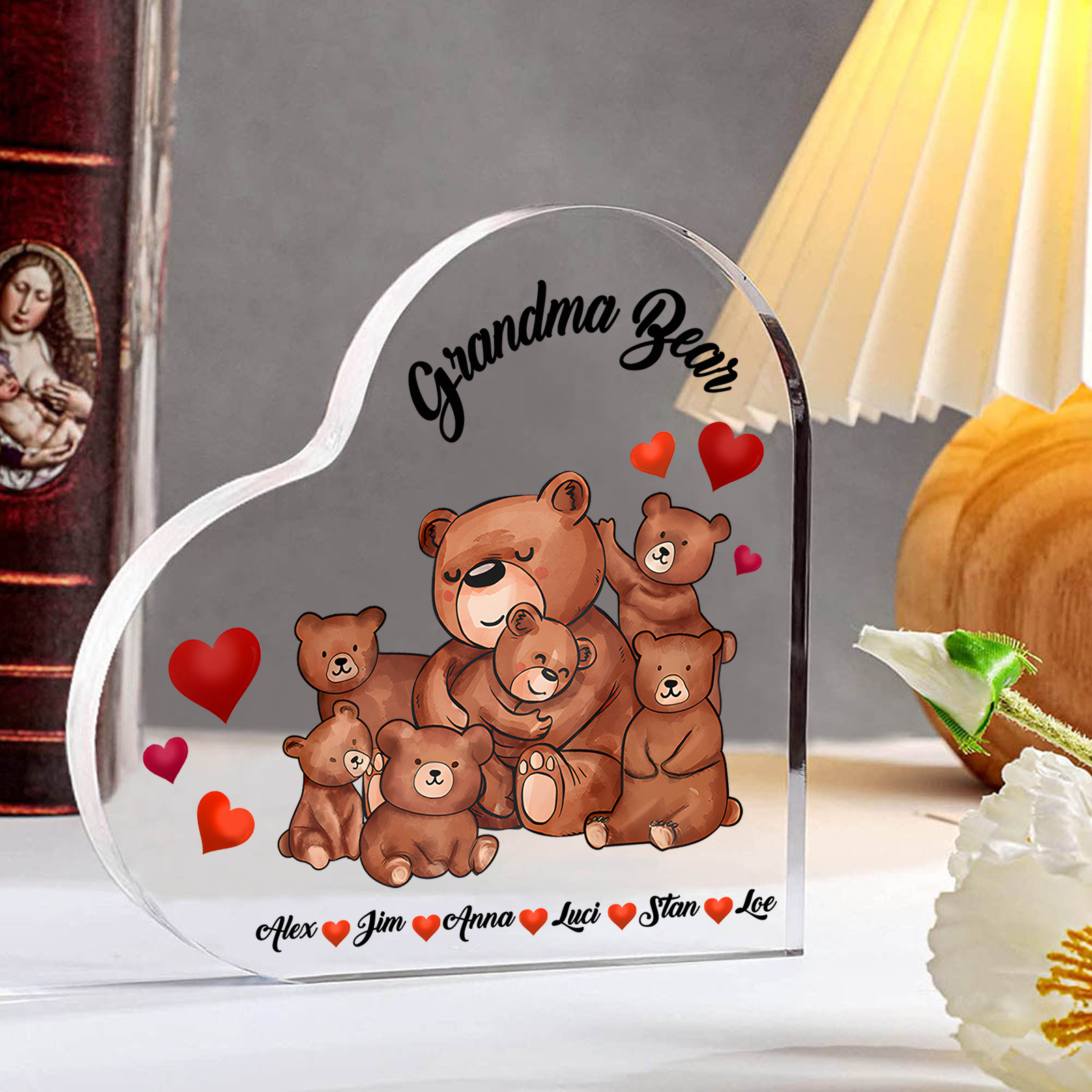 Personalised Bear Family Acrylic Heart Plaque Custom 1 Text & 1–6 Names Ornament Gifts for Grandma/Mother-Jessemade AU
