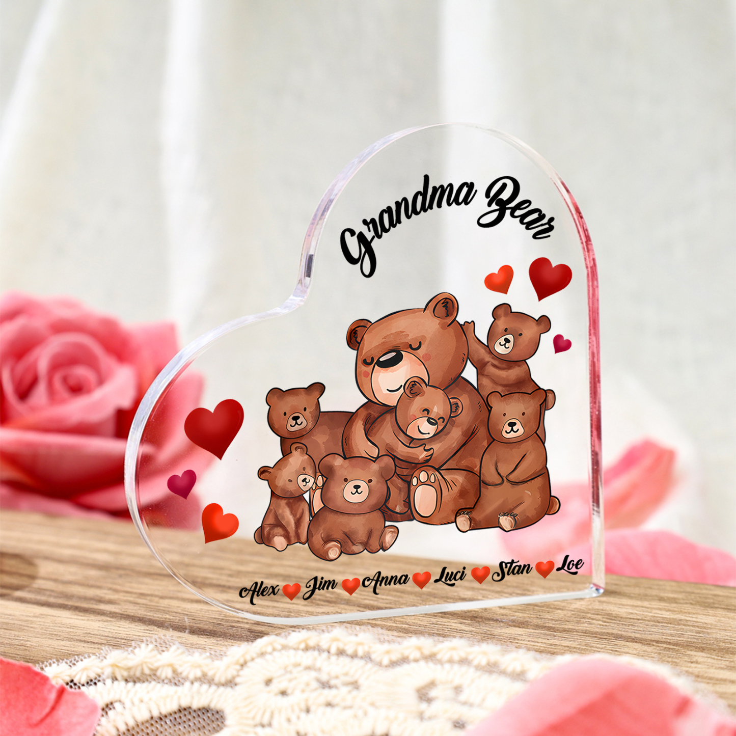 Personalised Bear Family Acrylic Heart Plaque Custom 1 Text & 1–6 Names Ornament Gifts for Grandma/Mother-Jessemade AU