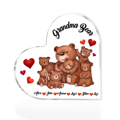 Personalised Bear Family Acrylic Heart Plaque Custom 1 Text & 1–6 Names Ornament Gifts for Grandma/Mother-Jessemade AU