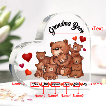 Personalised Bear Family Acrylic Heart Plaque Custom 1 Text & 1–6 Names Ornament Gifts for Grandma/Mother-Jessemade AU