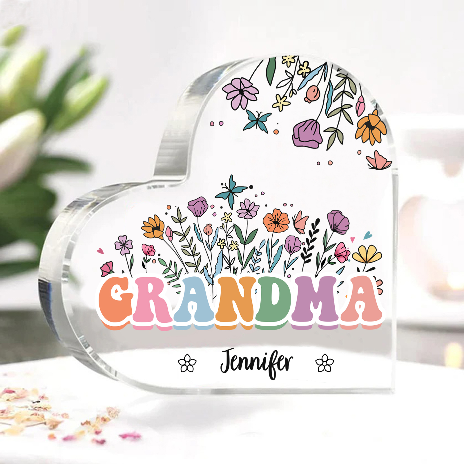 Personalised Flowers Acrylic Heart Plaque Custom 1 Text & 1–10 Names Ornament Gifts for Grandma/Mother-Jessemade AU