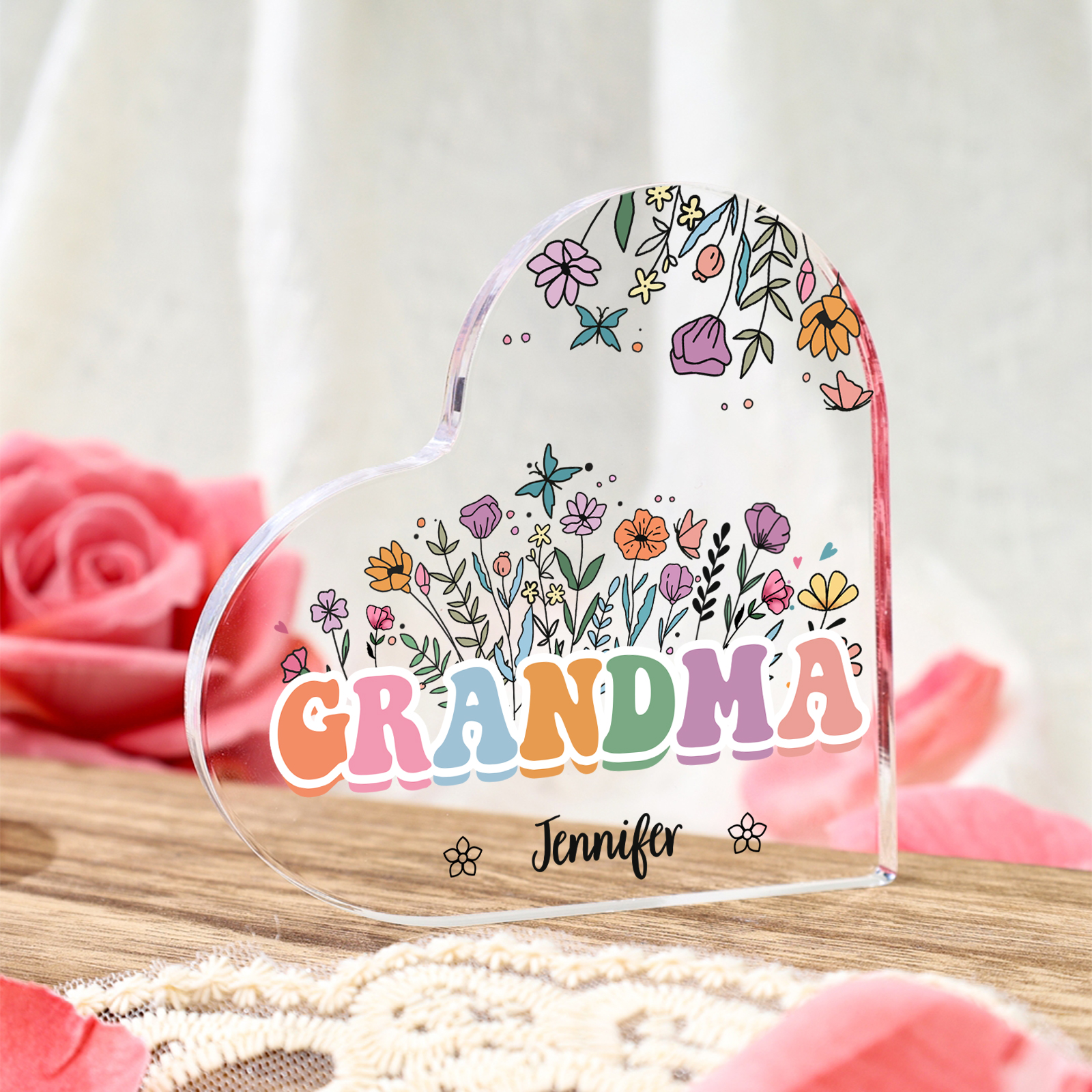 Personalised Flowers Acrylic Heart Plaque Custom 1 Text & 1–10 Names Ornament Gifts for Grandma/Mother-Jessemade AU