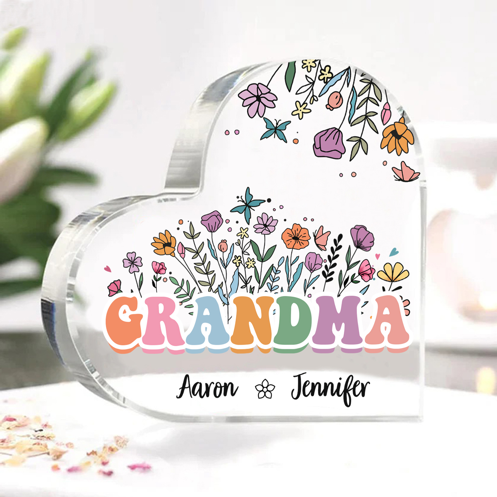 Personalised Flowers Acrylic Heart Plaque Custom 1 Text & 1–10 Names Ornament Gifts for Grandma/Mother-Jessemade AU