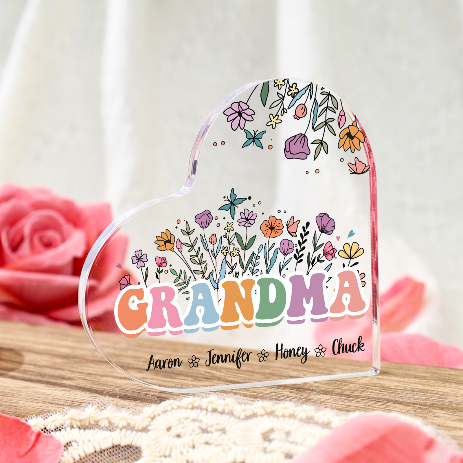 Personalised Flowers Acrylic Heart Plaque Custom 1 Text & 1–10 Names Ornament Gifts for Grandma/Mother-Jessemade AU