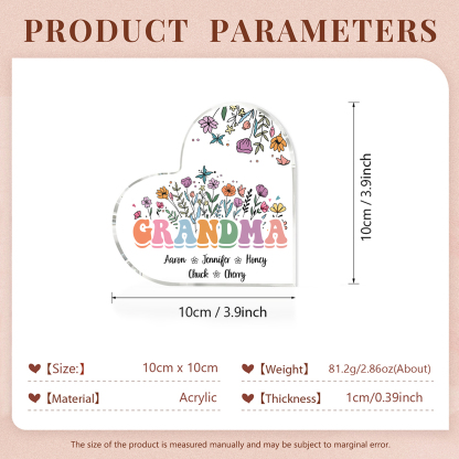 Personalised Flowers Acrylic Heart Plaque Custom 1 Text & 1–10 Names Ornament Gifts for Grandma/Mother-Jessemade AU