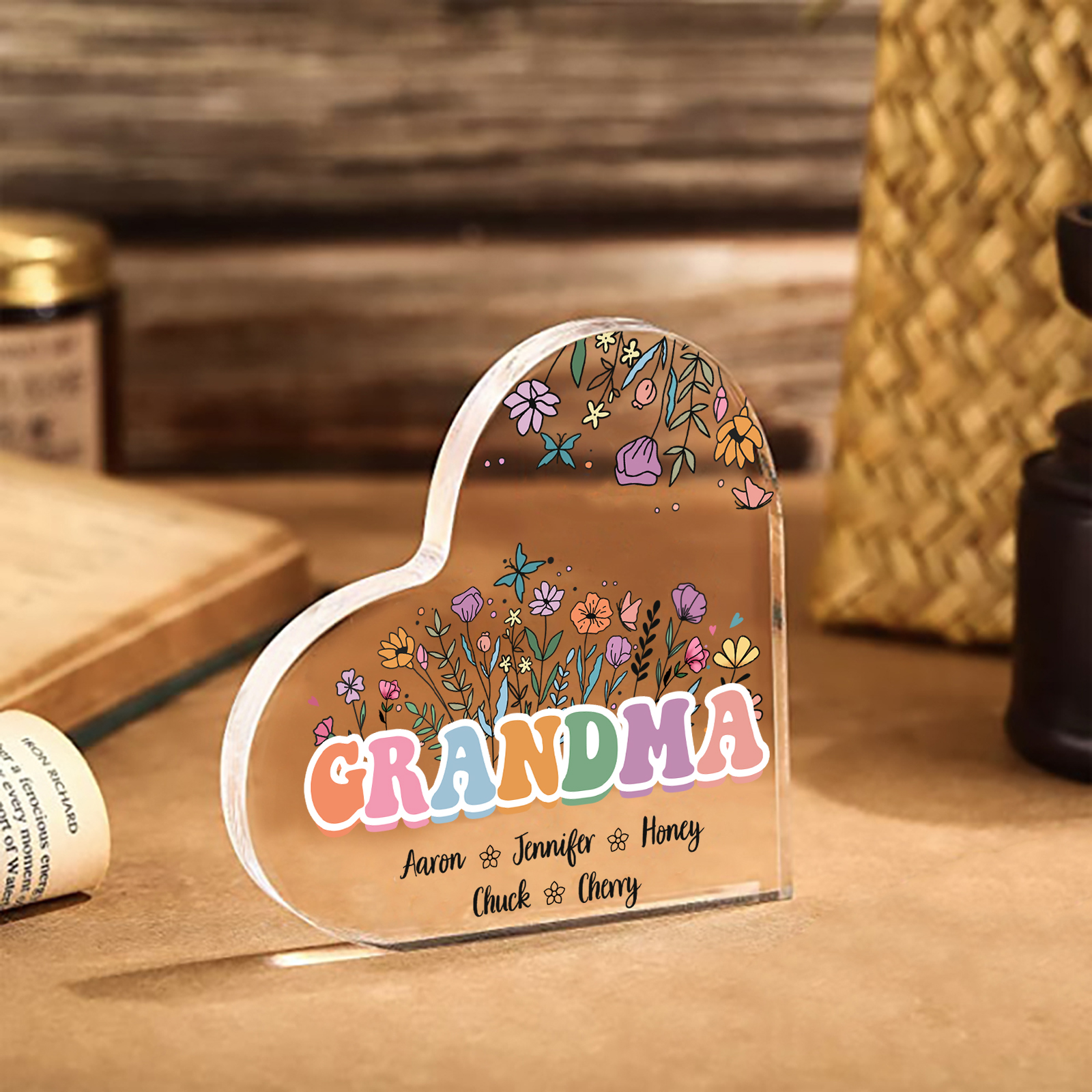 Personalised Flowers Acrylic Heart Plaque Custom 1 Text & 1–10 Names Ornament Gifts for Grandma/Mother-Jessemade AU