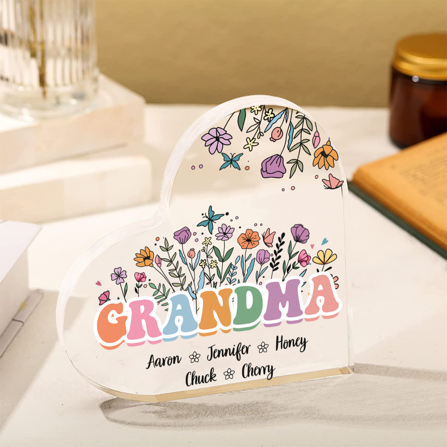 Personalised Flowers Acrylic Heart Plaque Custom 1 Text & 1–10 Names Ornament Gifts for Grandma/Mother-Jessemade AU