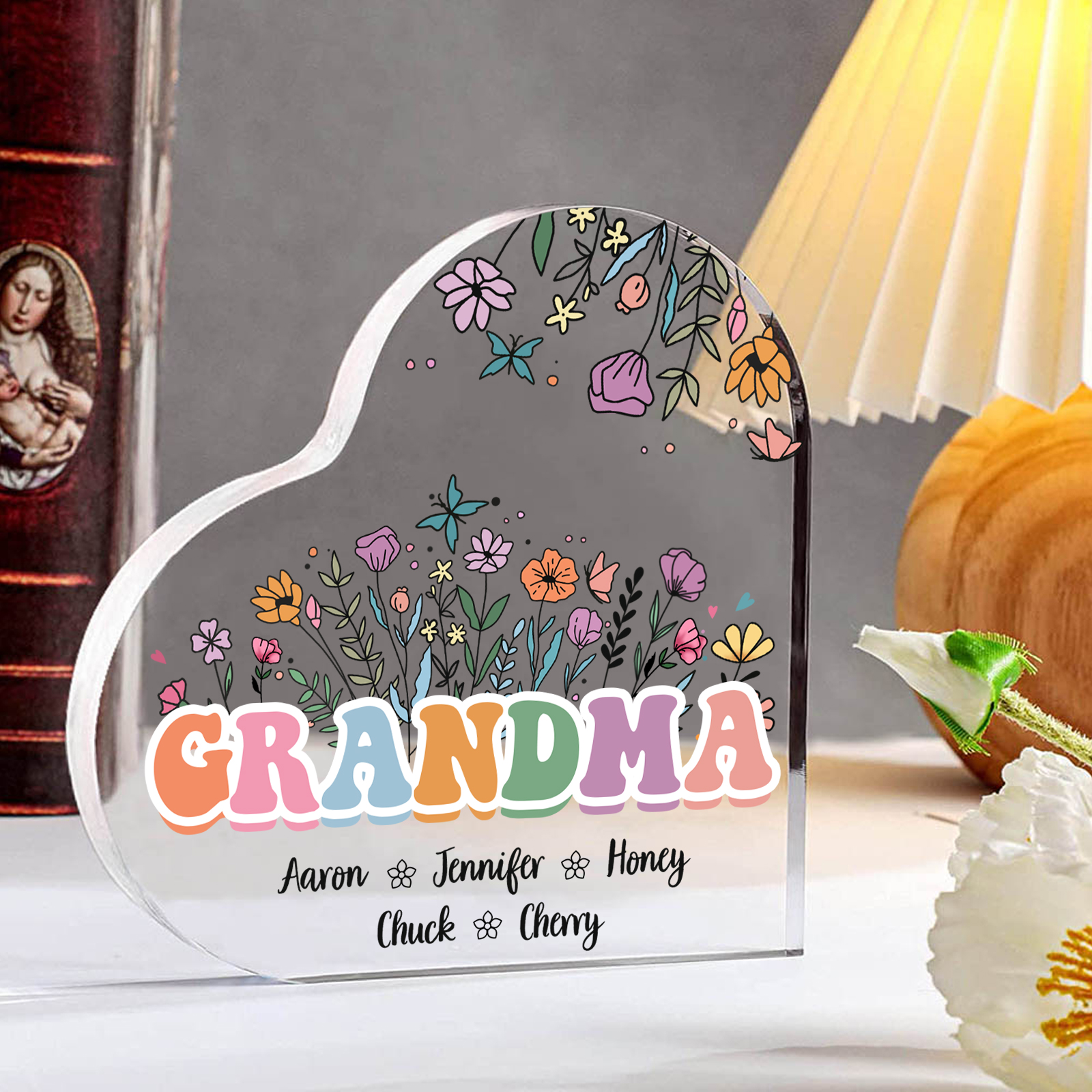 Personalised Flowers Acrylic Heart Plaque Custom 1 Text & 1–10 Names Ornament Gifts for Grandma/Mother-Jessemade AU