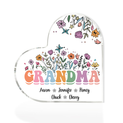 Personalised Flowers Acrylic Heart Plaque Custom 1 Text & 1–10 Names Ornament Gifts for Grandma/Mother-Jessemade AU