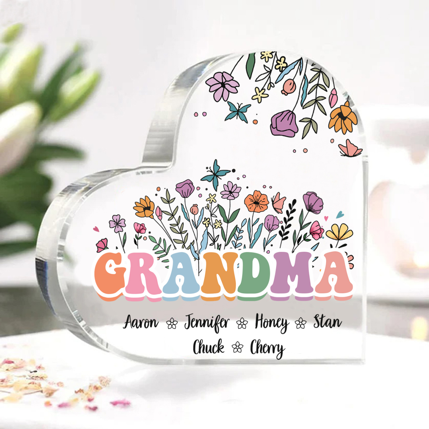 Personalised Flowers Acrylic Heart Plaque Custom 1 Text & 1–10 Names Ornament Gifts for Grandma/Mother-Jessemade AU