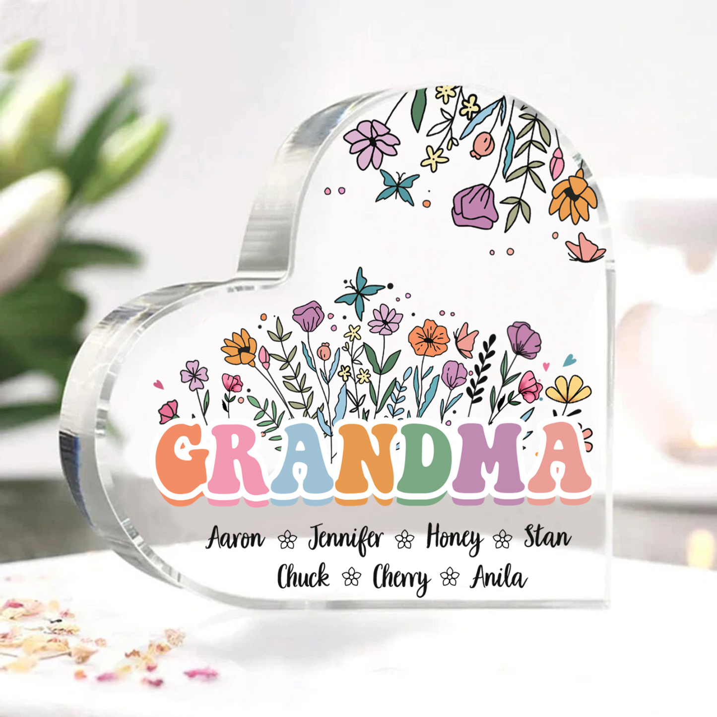 Personalised Flowers Acrylic Heart Plaque Custom 1 Text & 1–10 Names Ornament Gifts for Grandma/Mother-Jessemade AU