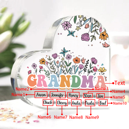 Personalised Flowers Acrylic Heart Plaque Custom 1 Text & 1–10 Names Ornament Gifts for Grandma/Mother-Jessemade AU