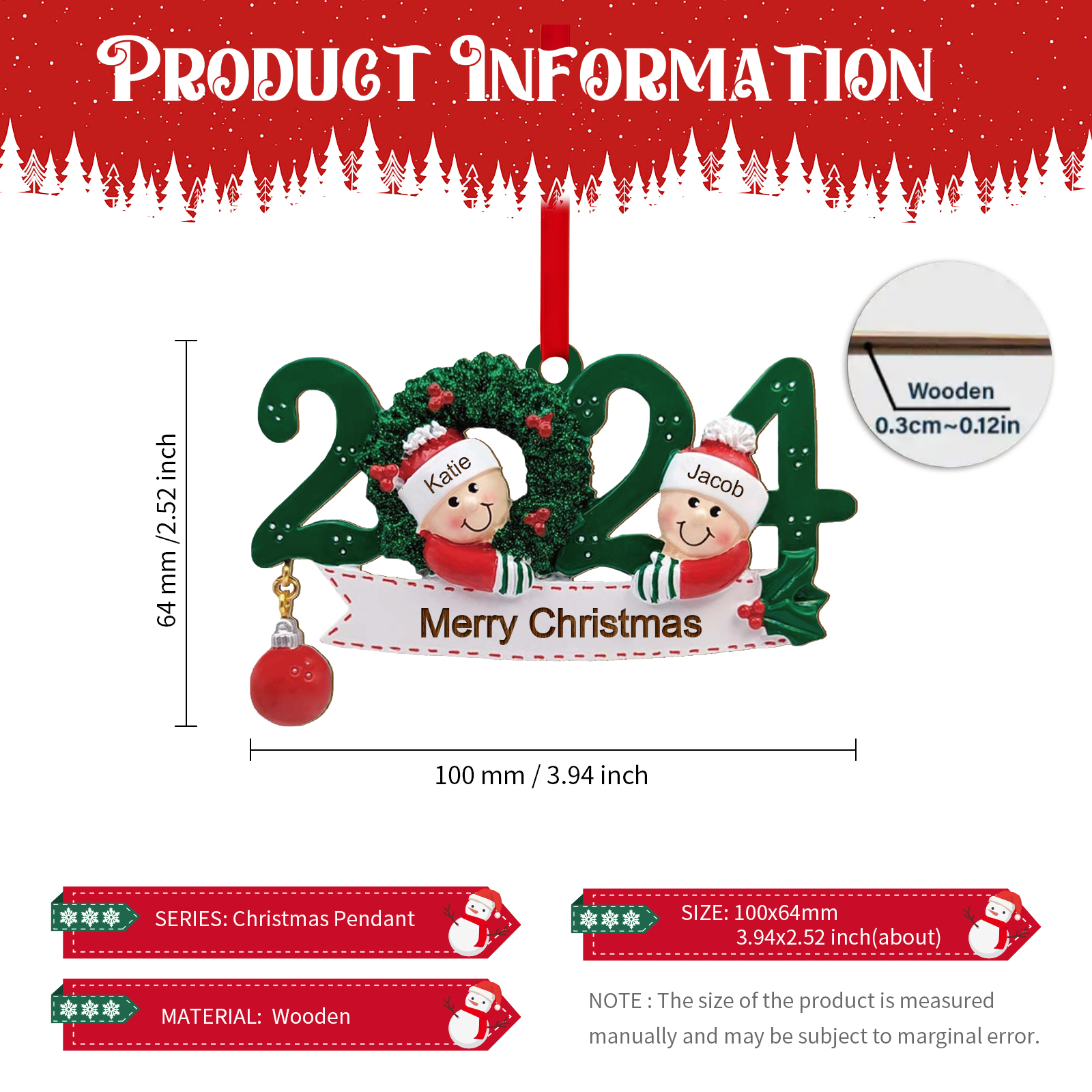2024 Personalised Christmas Hanging Ornament Custom 1 Text & 2 Names Wooden Gifts for Couple-Jessemade AU