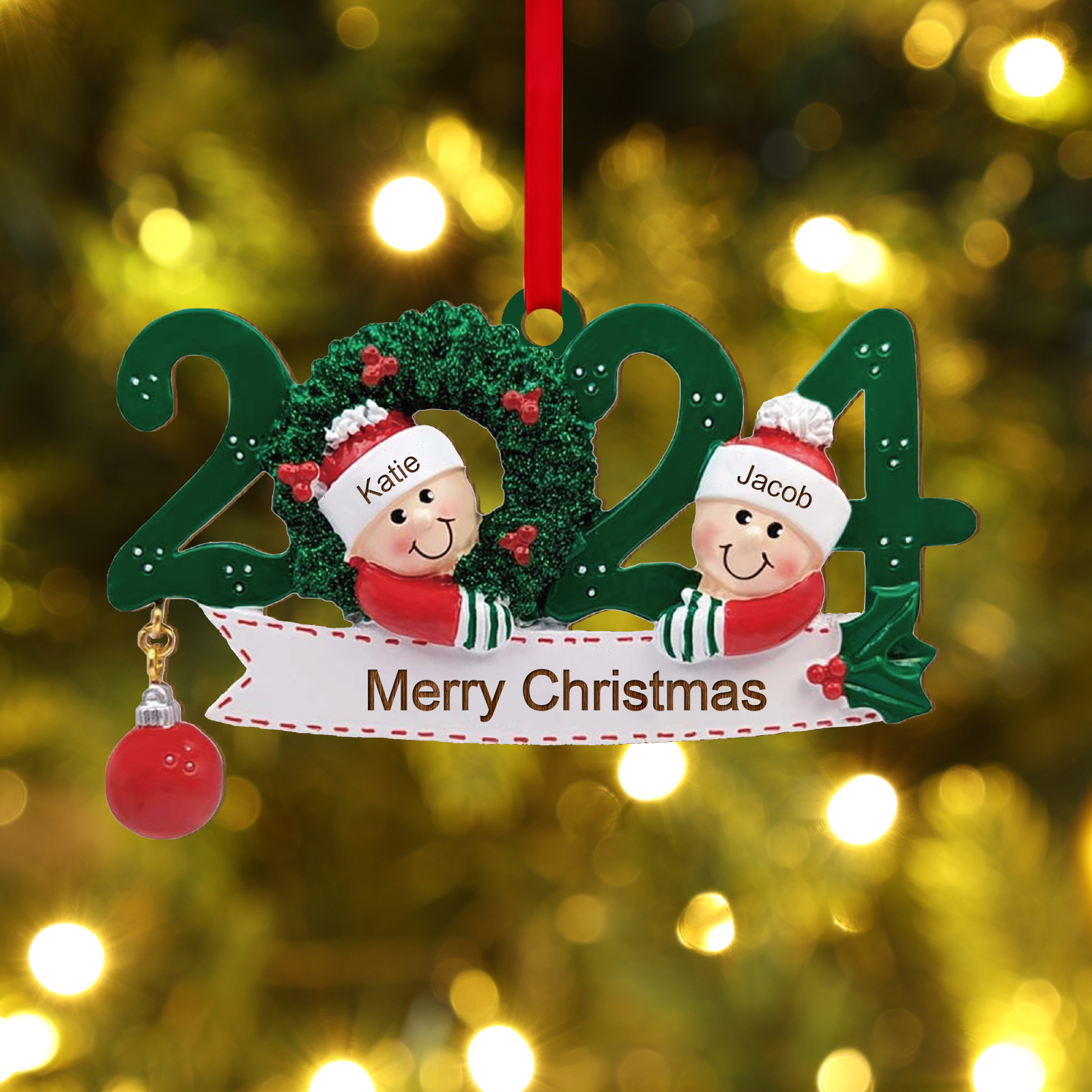 2024 Personalised Christmas Hanging Ornament Custom 1 Text & 2 Names Wooden Gifts for Couple