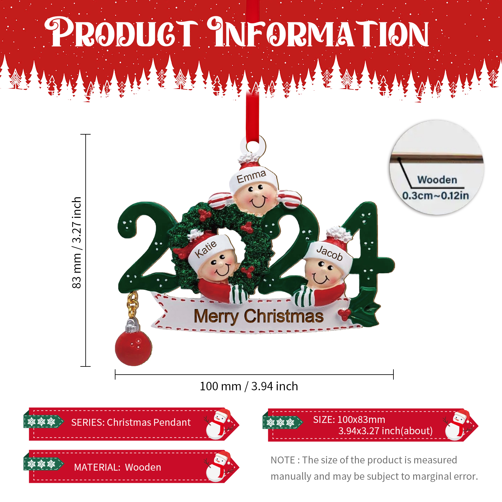 2024 Personalised Christmas Hanging Ornament Custom 1 Text & 3 Names Wooden Gifts for Family-Jessemade AU