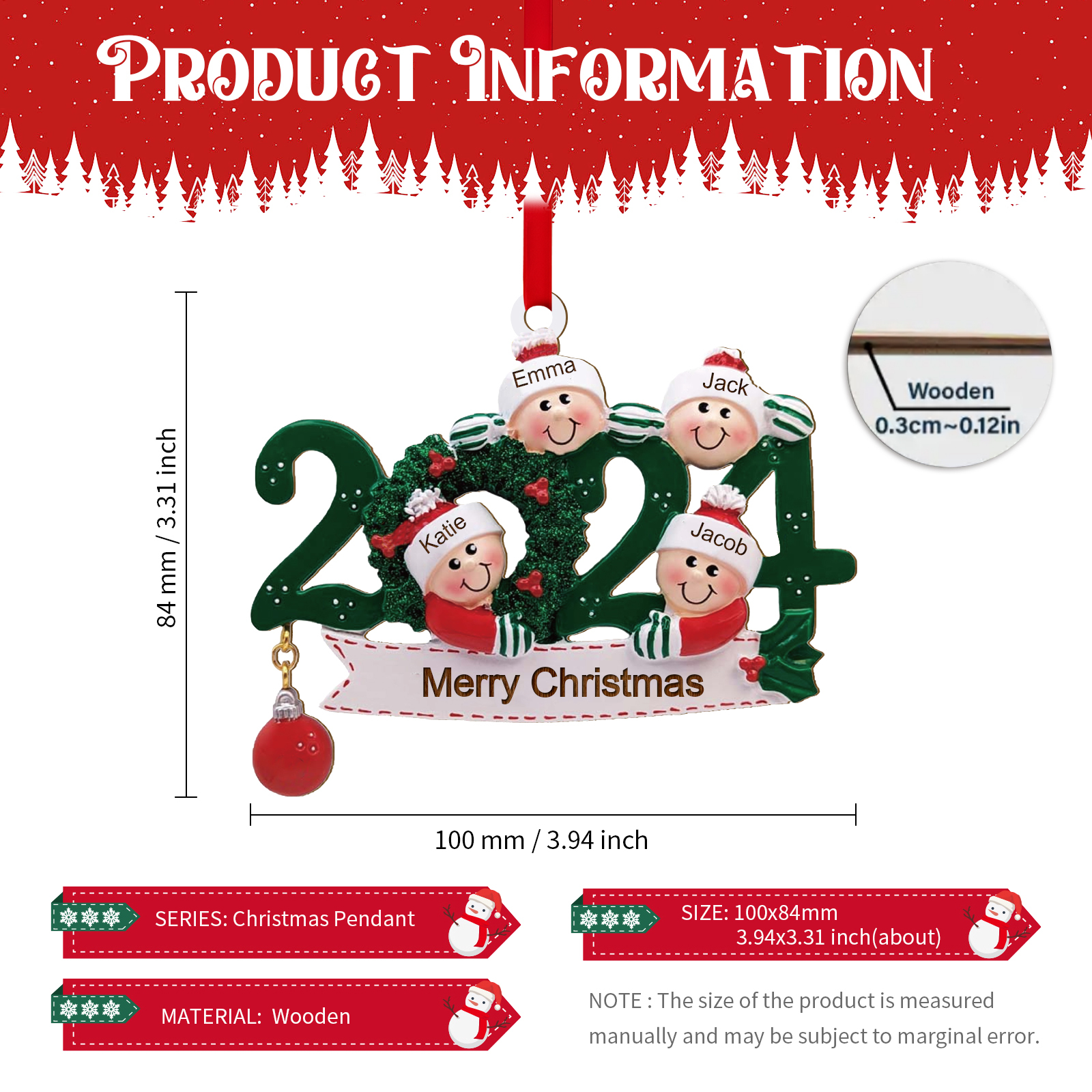 2024 Personalised Christmas Hanging Ornament Custom 1 Text & 4 Names Wooden Gifts for Family-Jessemade AU