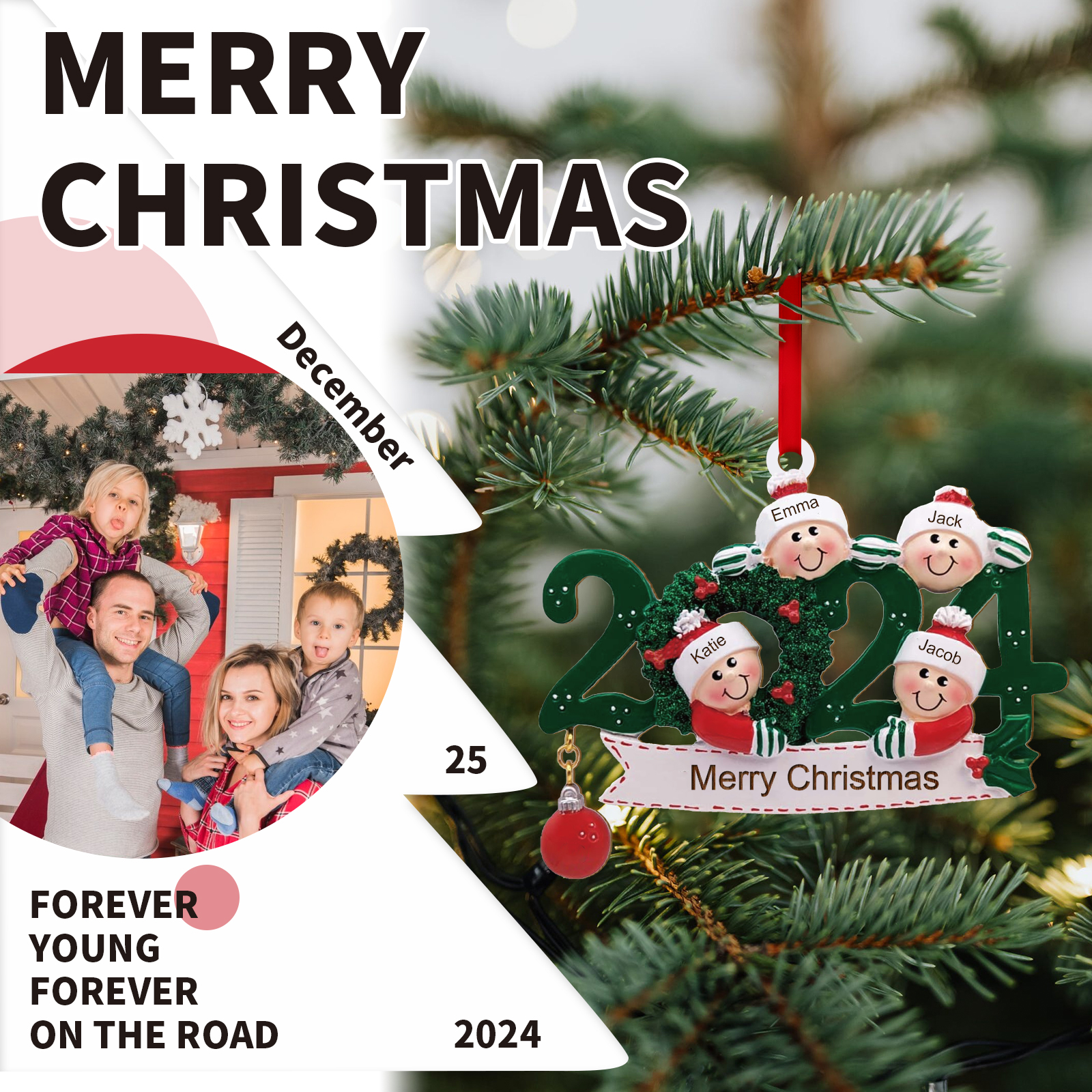 2024 Personalised Christmas Hanging Ornament Custom 1 Text & 4 Names Wooden Gifts for Family-Jessemade AU