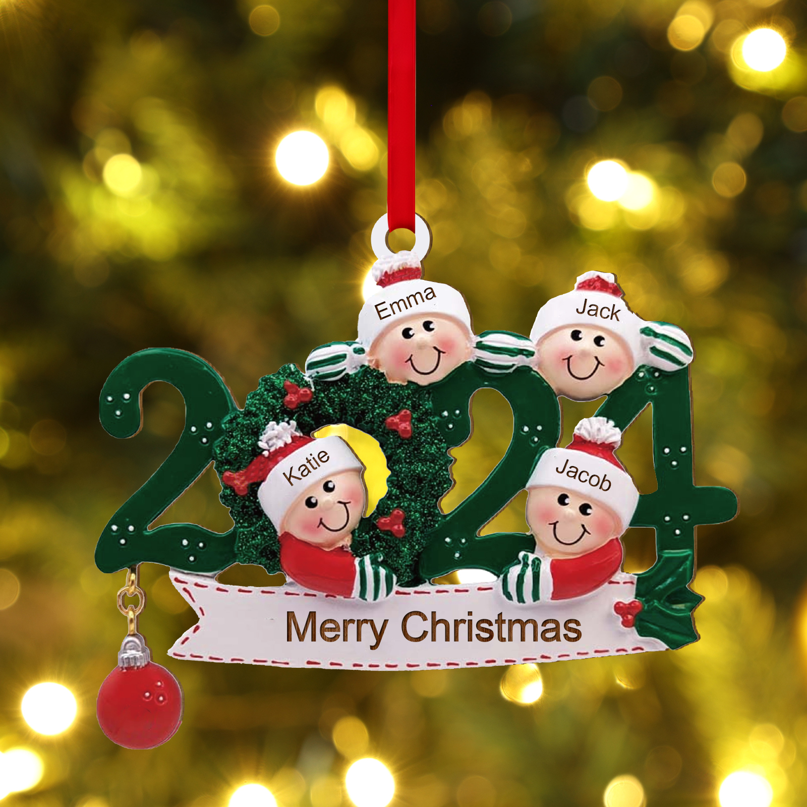 2024 Personalised Christmas Hanging Ornament Custom 1 Text & 4 Names Wooden Gifts for Family