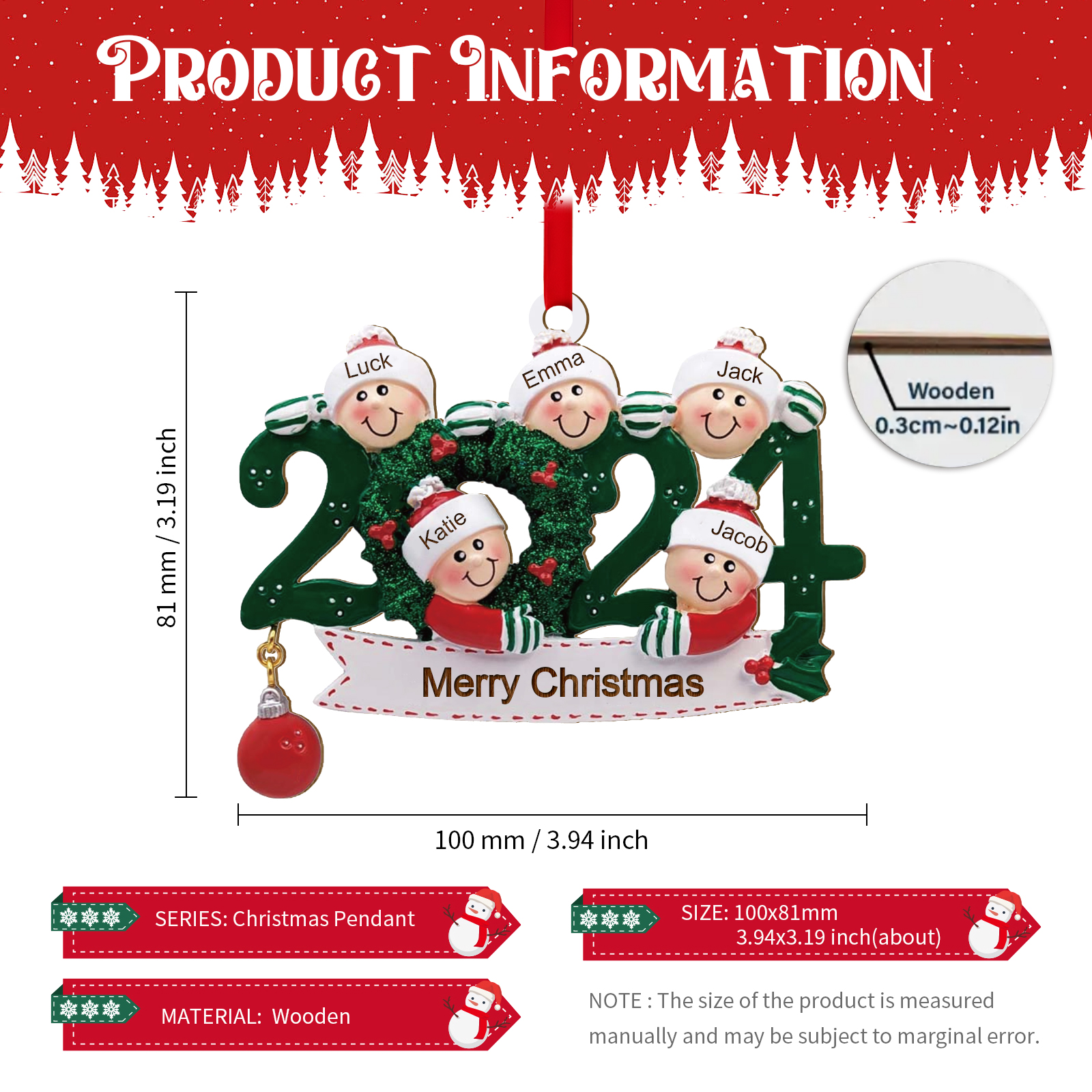 2024 Personalised Christmas Hanging Ornament Custom 1 Text & 5 Names Wooden Gifts for Family-Jessemade AU