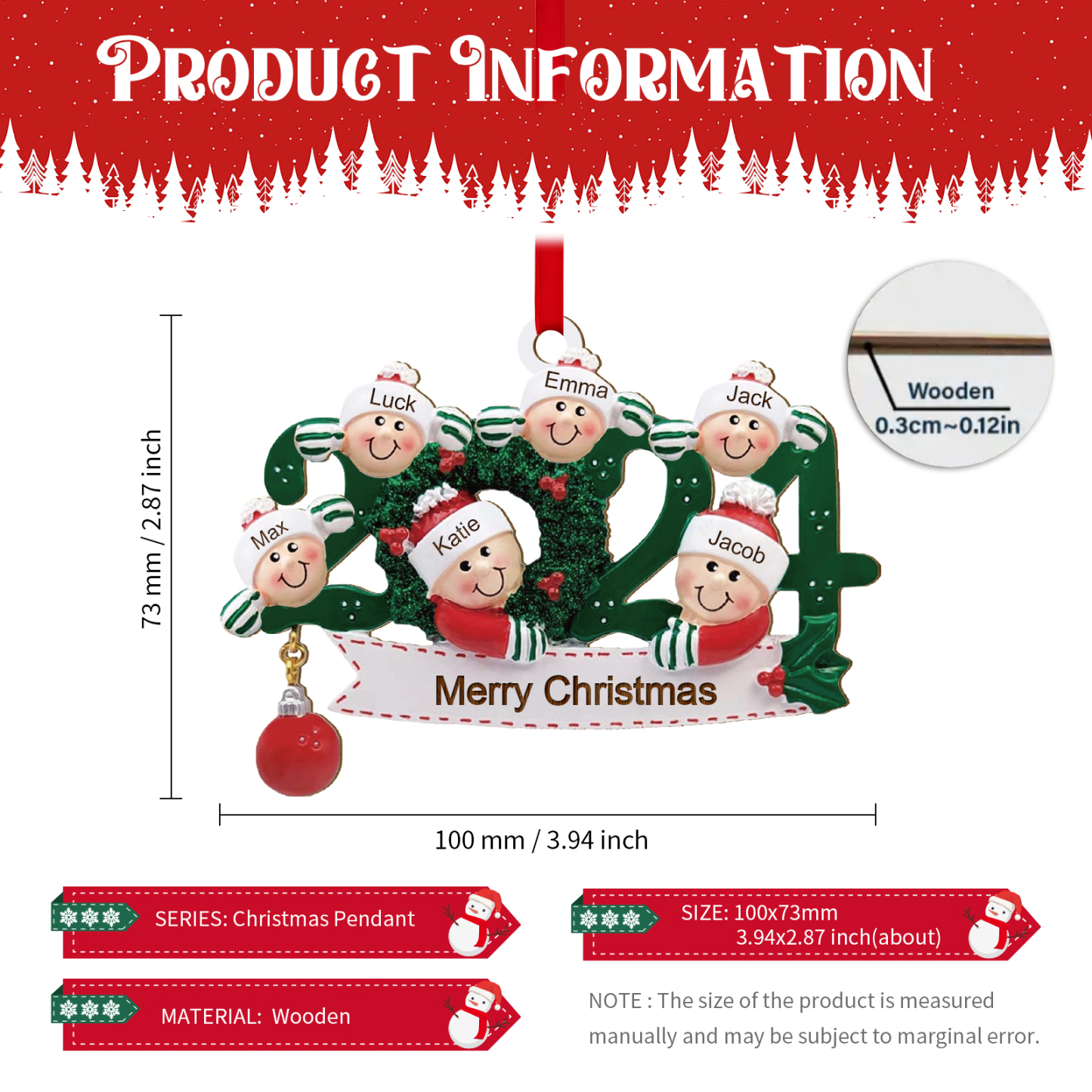 2024 Personalised Christmas Hanging Ornament Custom 1 Text & 6 Names Wooden Gifts for Family-Jessemade AU