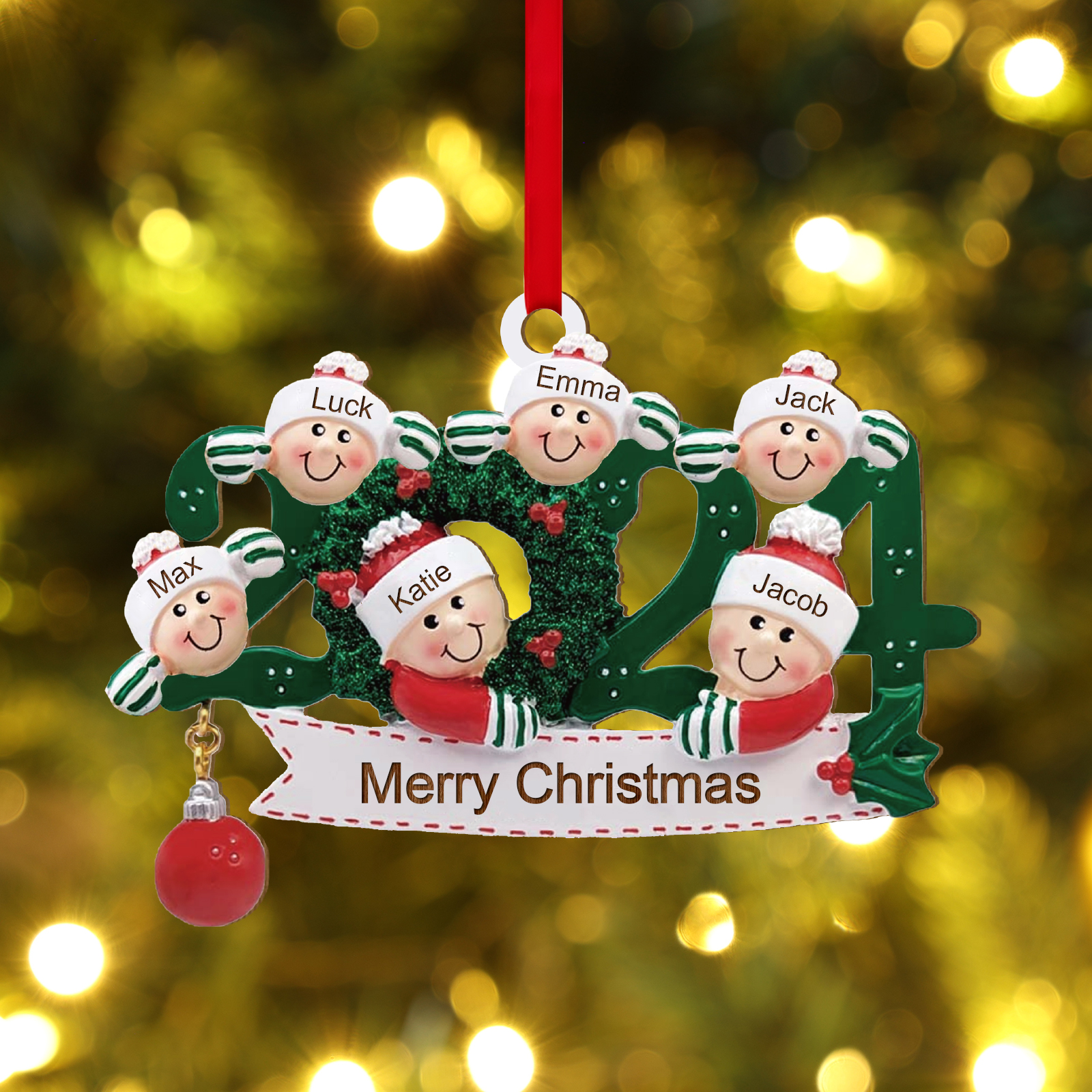 2024 Personalised Christmas Hanging Ornament Custom 1 Text & 6 Names Wooden Gifts for Family