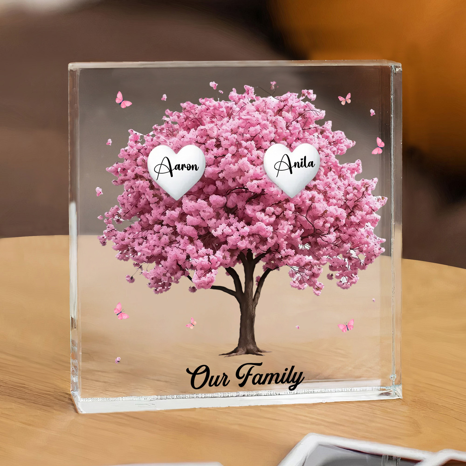 Personalised Pink Family Tree Acrylic Square Plaque Custom 2–10 Names & 1 Text Ornament Christmas Gifts for Grandma/Mother-Jessemade AU