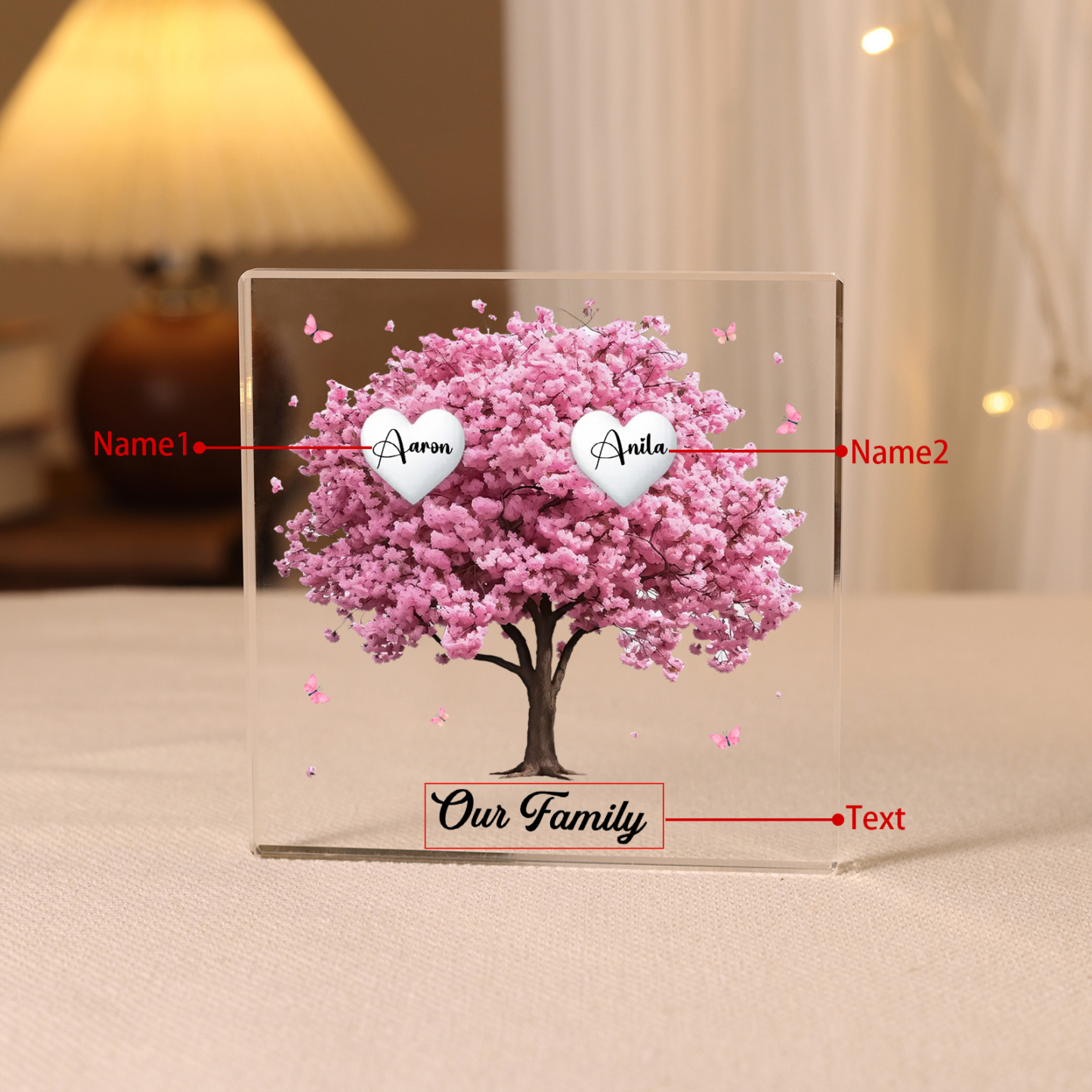 Personalised Pink Family Tree Acrylic Square Plaque Custom 2–10 Names & 1 Text Ornament Christmas Gifts for Grandma/Mother-Jessemade AU