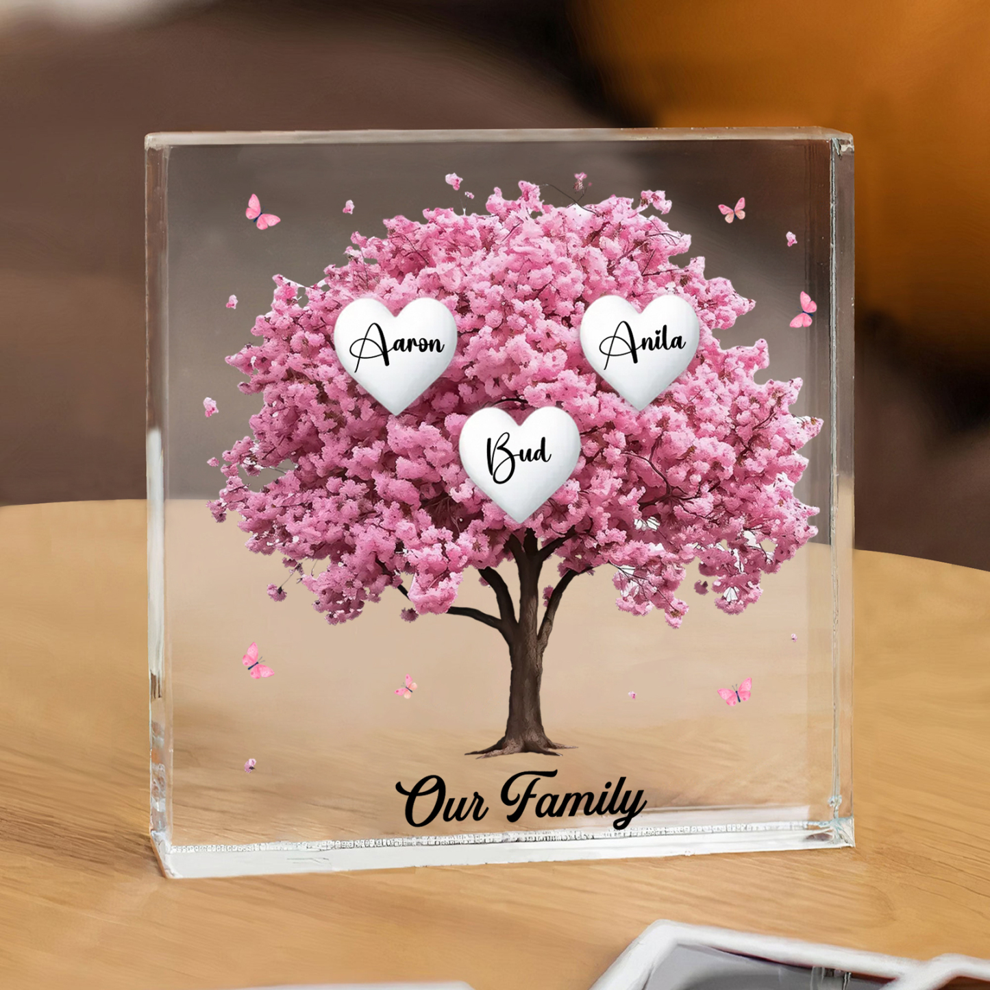 Personalised Pink Family Tree Acrylic Square Plaque Custom 2–10 Names & 1 Text Ornament Christmas Gifts for Grandma/Mother-Jessemade AU