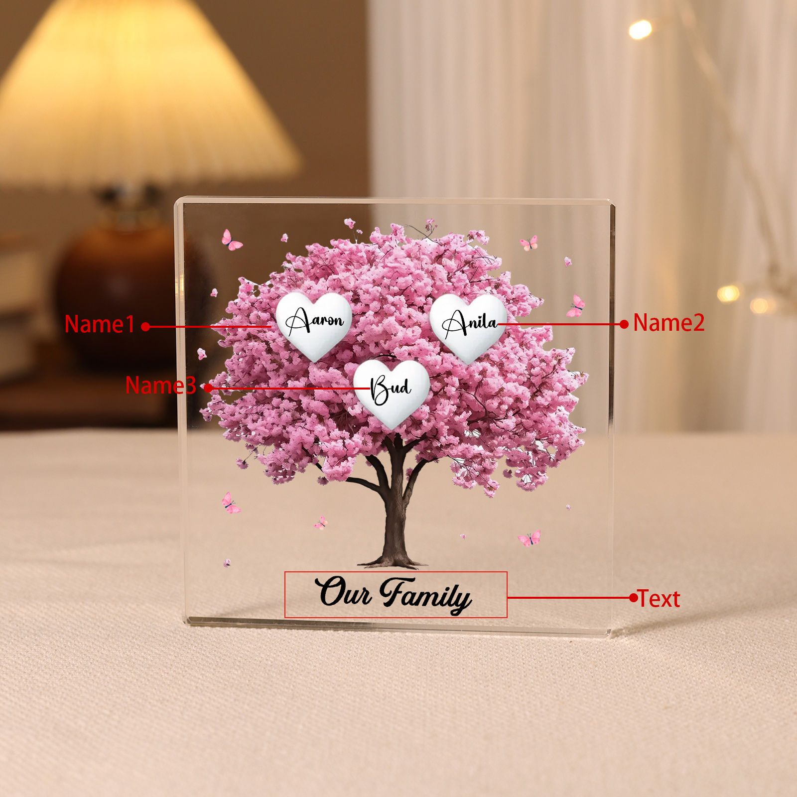 Personalised Pink Family Tree Acrylic Square Plaque Custom 2–10 Names & 1 Text Ornament Christmas Gifts for Grandma/Mother-Jessemade AU