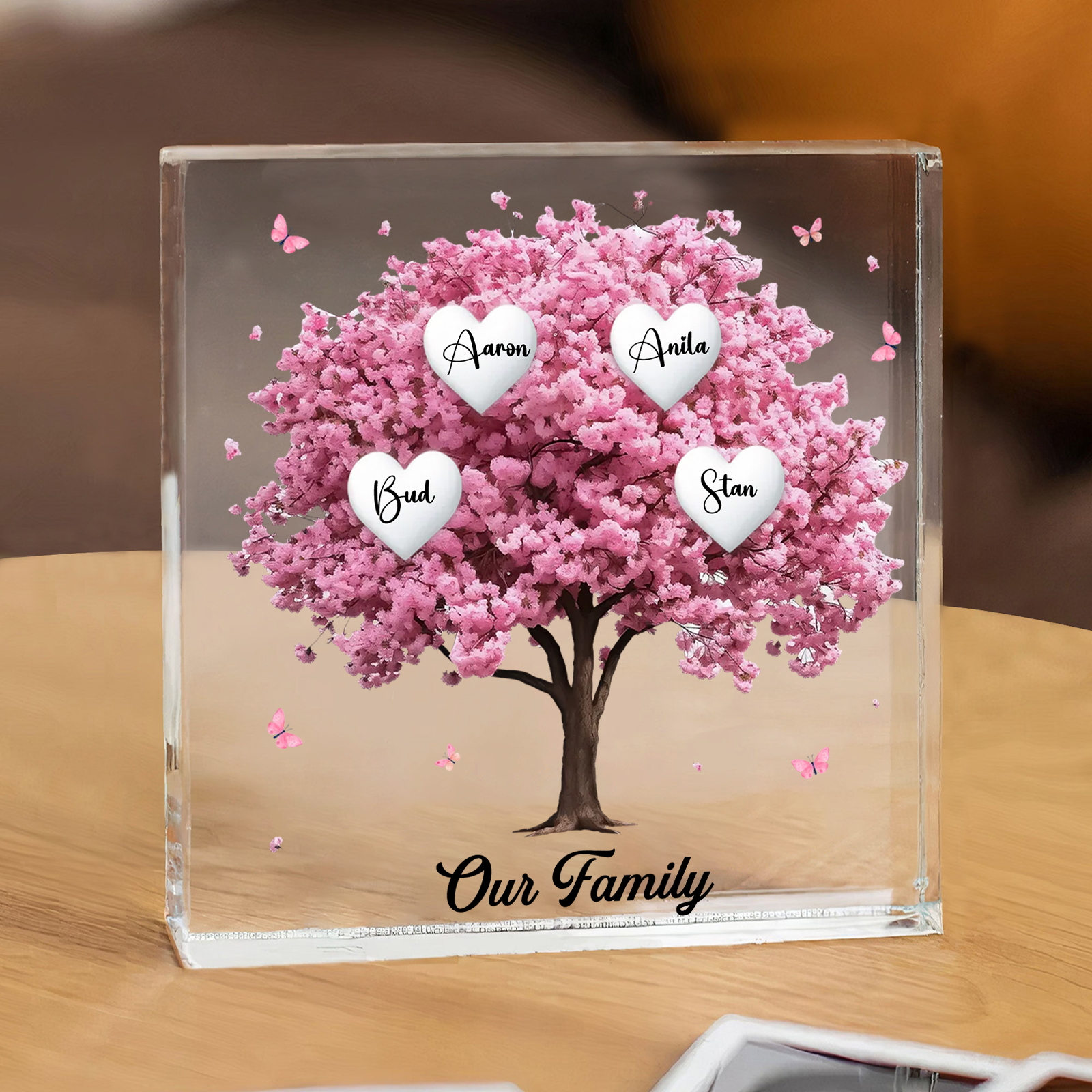 Personalised Pink Family Tree Acrylic Square Plaque Custom 2–10 Names & 1 Text Ornament Christmas Gifts for Grandma/Mother-Jessemade AU