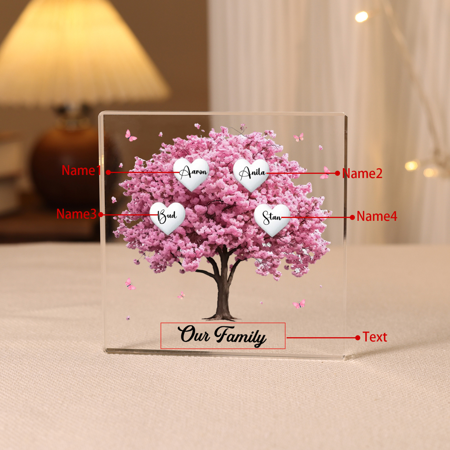 Personalised Pink Family Tree Acrylic Square Plaque Custom 2–10 Names & 1 Text Ornament Christmas Gifts for Grandma/Mother-Jessemade AU