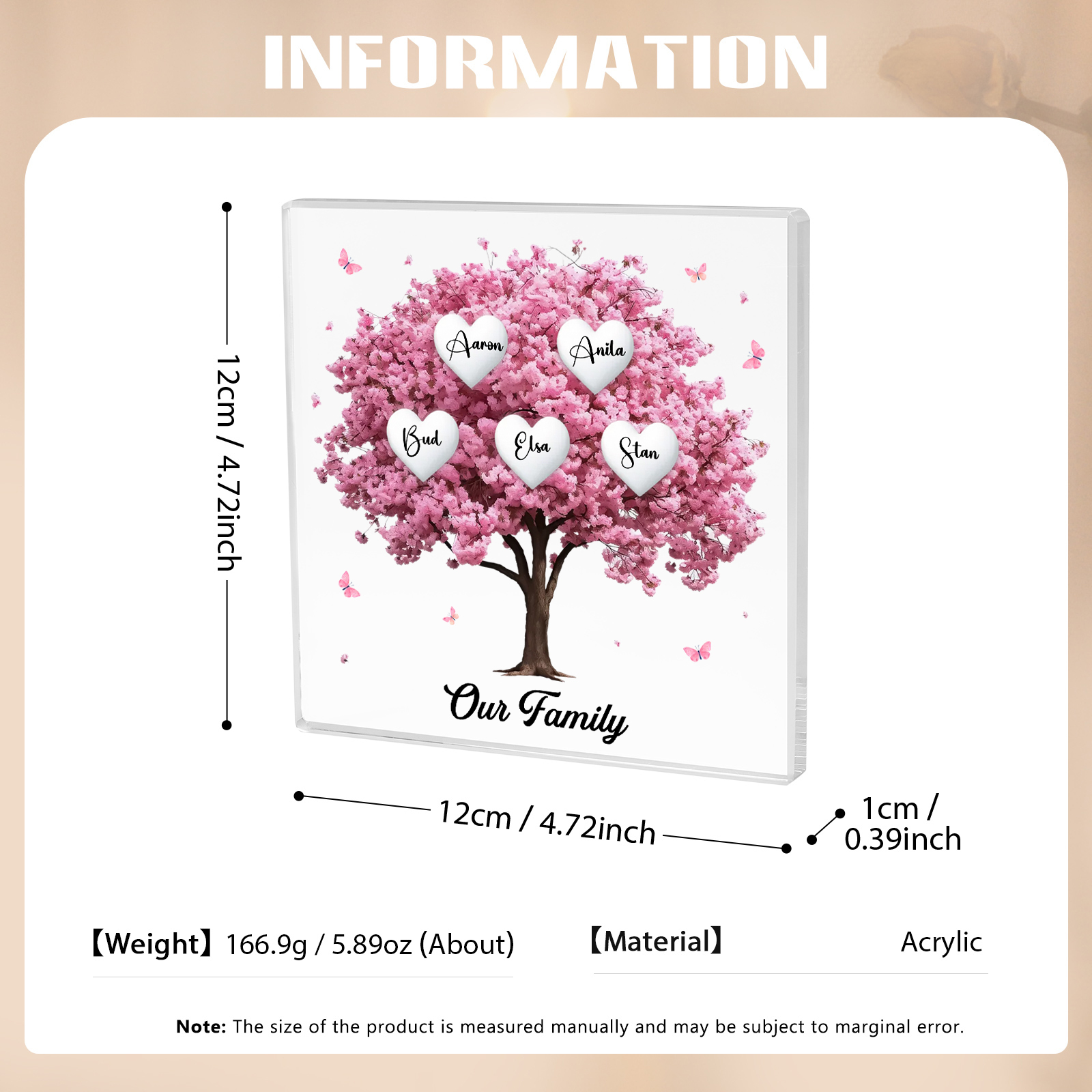 Personalised Pink Family Tree Acrylic Square Plaque Custom 2–10 Names & 1 Text Ornament Christmas Gifts for Grandma/Mother-Jessemade AU