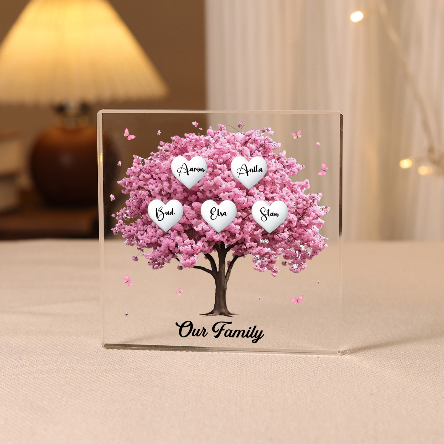 Personalised Pink Family Tree Acrylic Square Plaque Custom 2–10 Names & 1 Text Ornament Christmas Gifts for Grandma/Mother-Jessemade AU