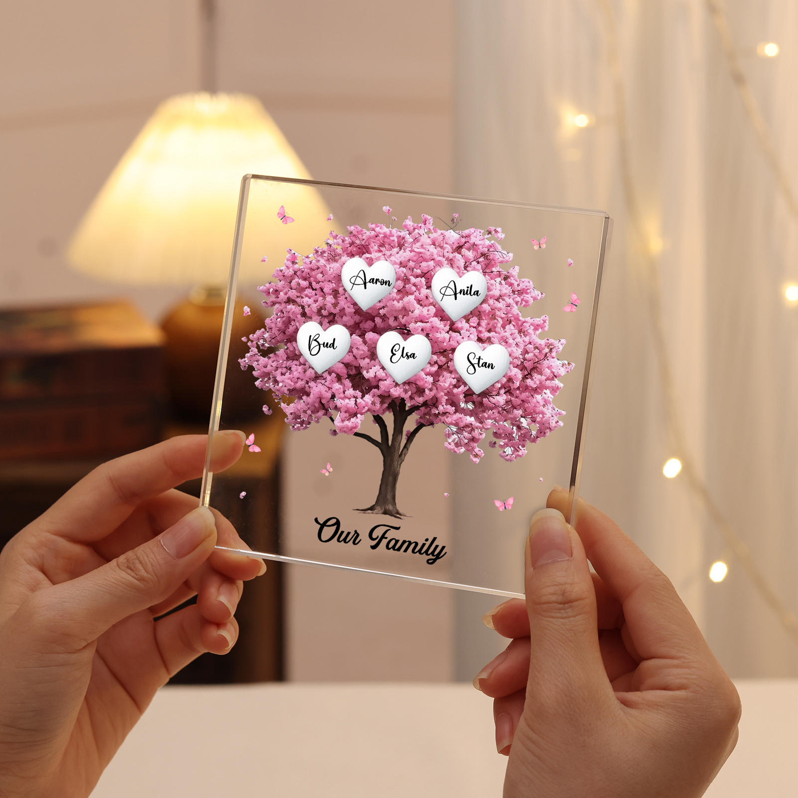 Personalised Pink Family Tree Acrylic Square Plaque Custom 2–10 Names & 1 Text Ornament Christmas Gifts for Grandma/Mother-Jessemade AU