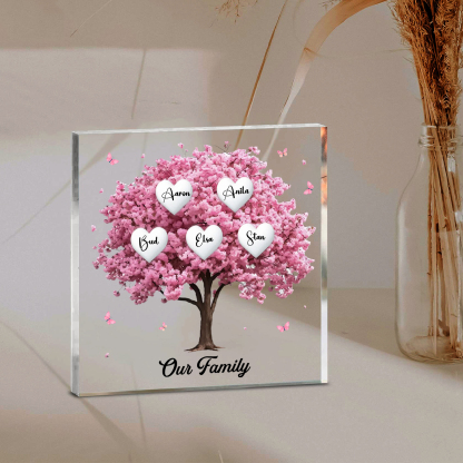 Personalised Pink Family Tree Acrylic Square Plaque Custom 2–10 Names & 1 Text Ornament Christmas Gifts for Grandma/Mother-Jessemade AU