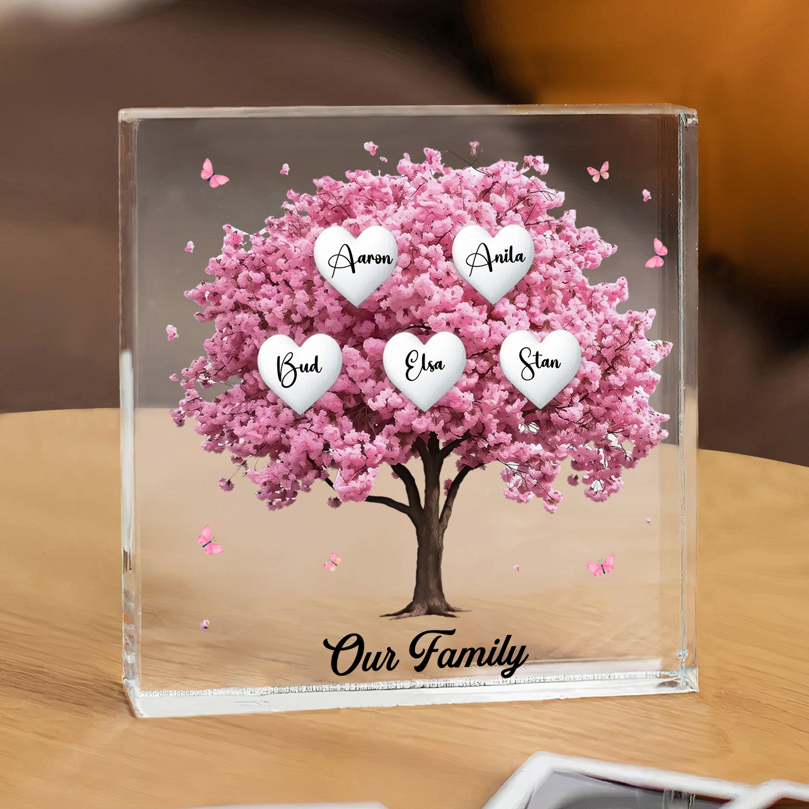 Personalised Pink Family Tree Acrylic Square Plaque Custom 2–10 Names & 1 Text Ornament Christmas Gifts for Grandma/Mother