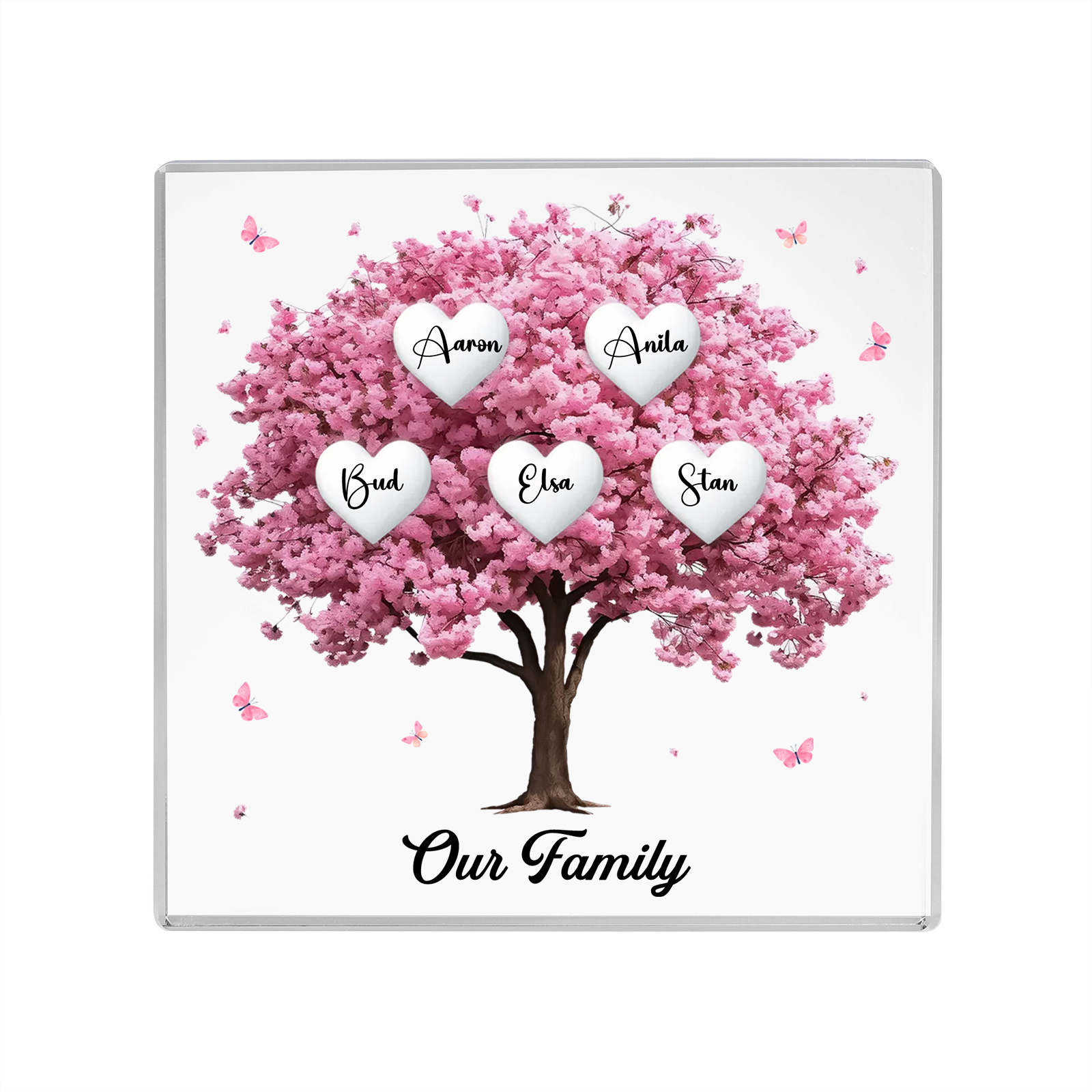 Personalised Pink Family Tree Acrylic Square Plaque Custom 2–10 Names & 1 Text Ornament Christmas Gifts for Grandma/Mother-Jessemade AU