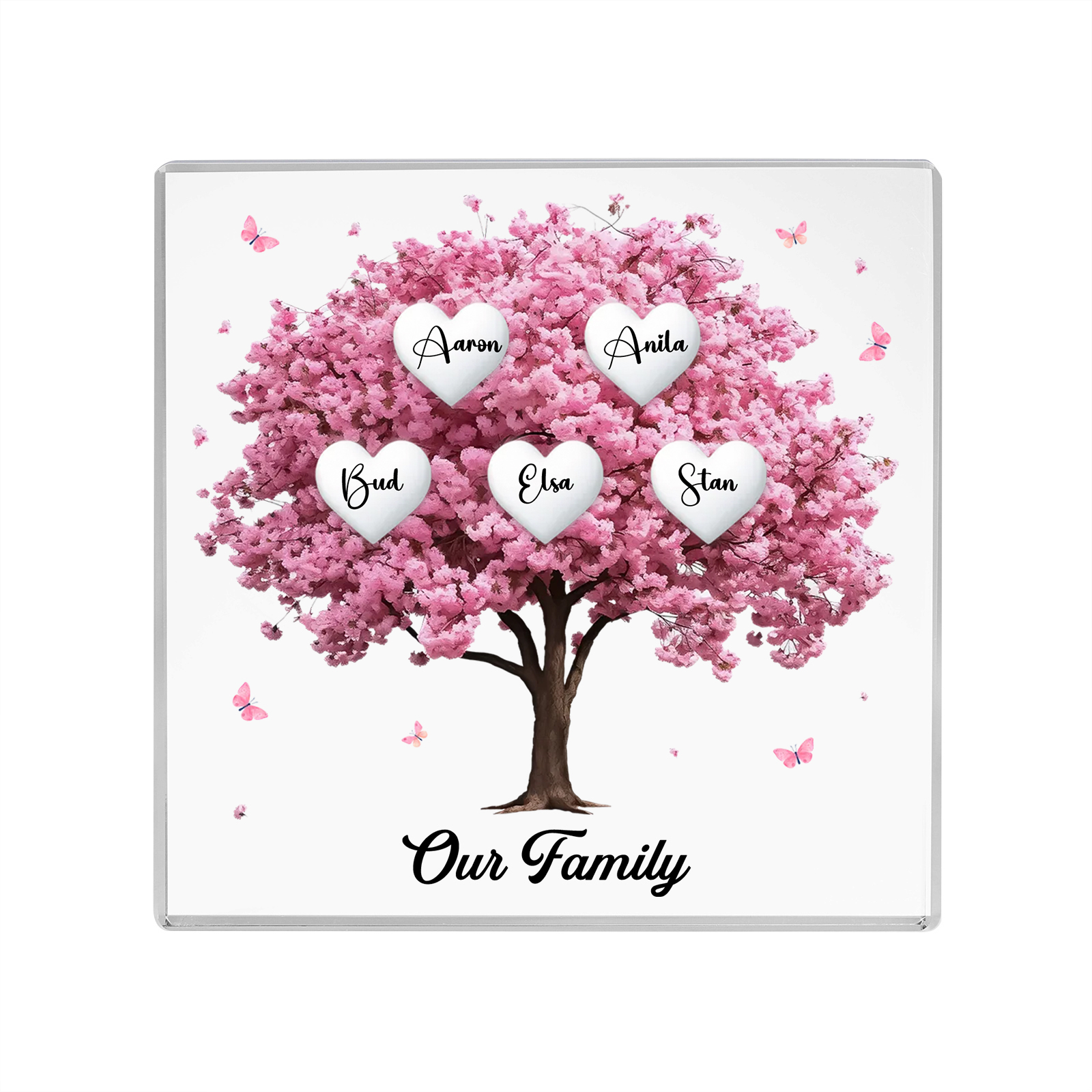 Personalised Pink Family Tree Acrylic Square Plaque Custom 2–10 Names & 1 Text Ornament Christmas Gifts for Grandma/Mother-Jessemade AU